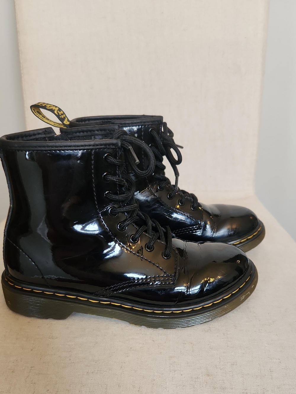 Kids Dr. A Martens Black Patent Lace-Up Combat Boots